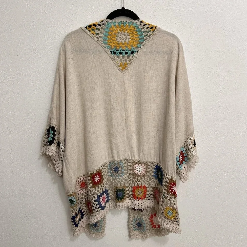 Umgee Crochet Patchwork Kimono Cardigan Oatmeal Open Front Granny core Size L - Picture 6 of 11